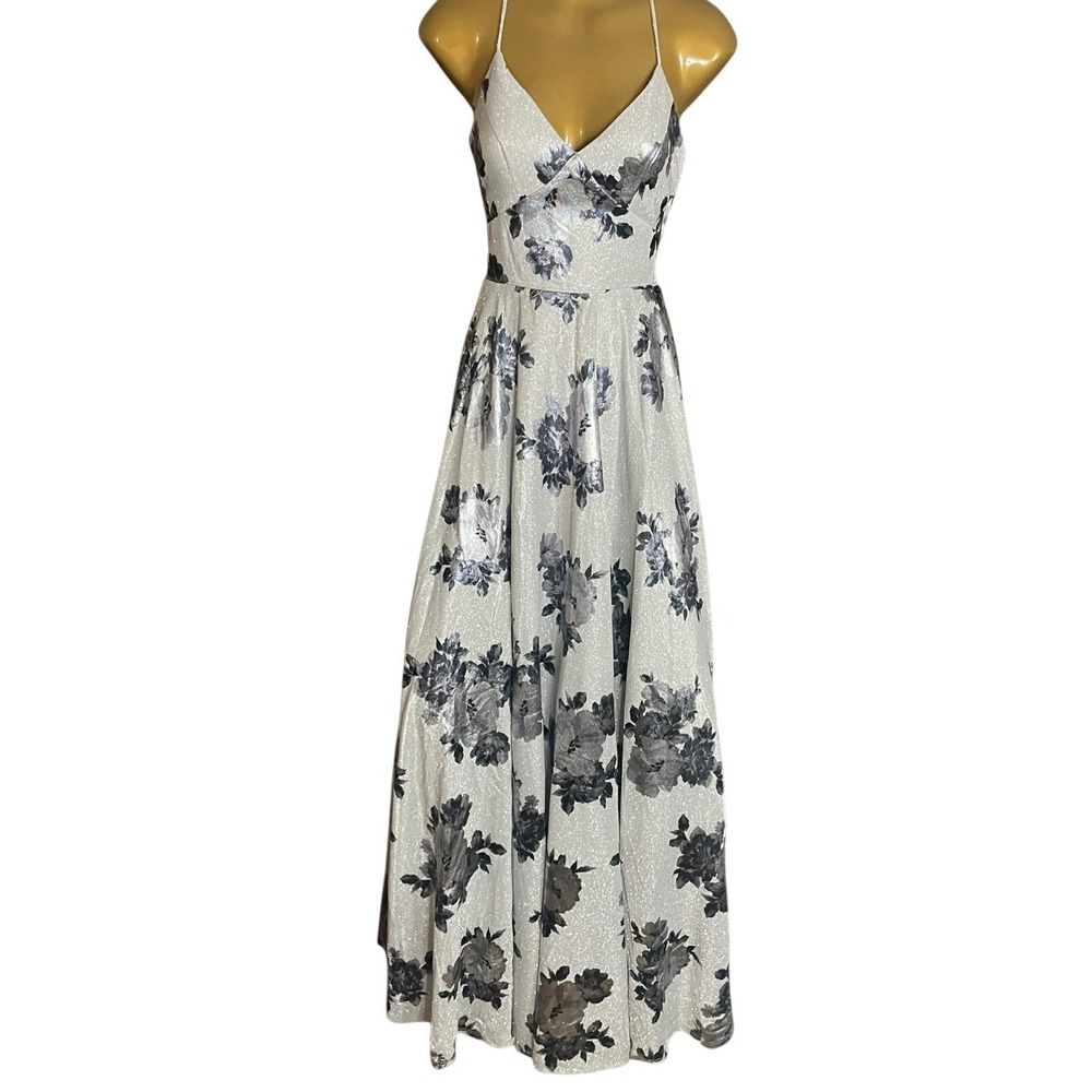 City Studios Glitter‎ Floral Lace Up Prom Gown Silver Blue Formal Dress Size 5